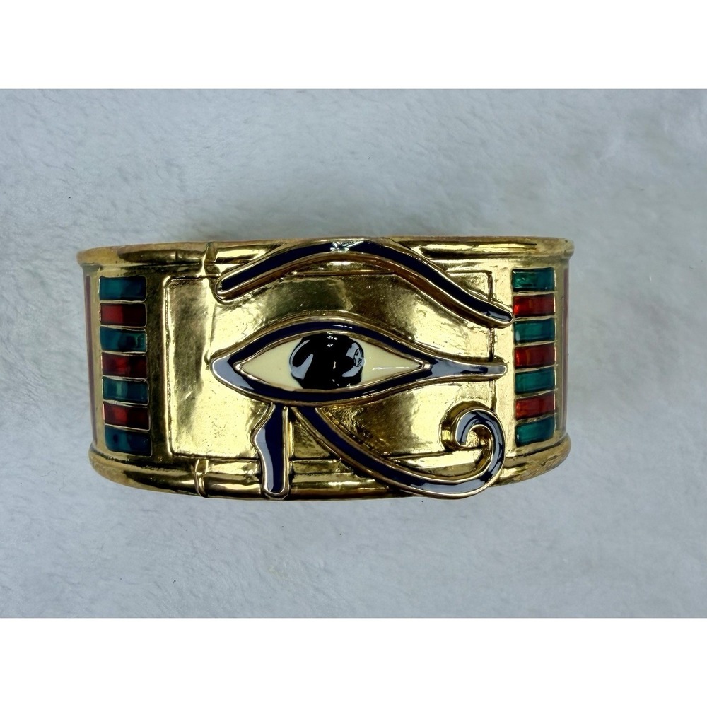 Egyptian Revival Eye Of Horus‎ Gold-tone Enamel Cuff Bracelet Costume Jewelry